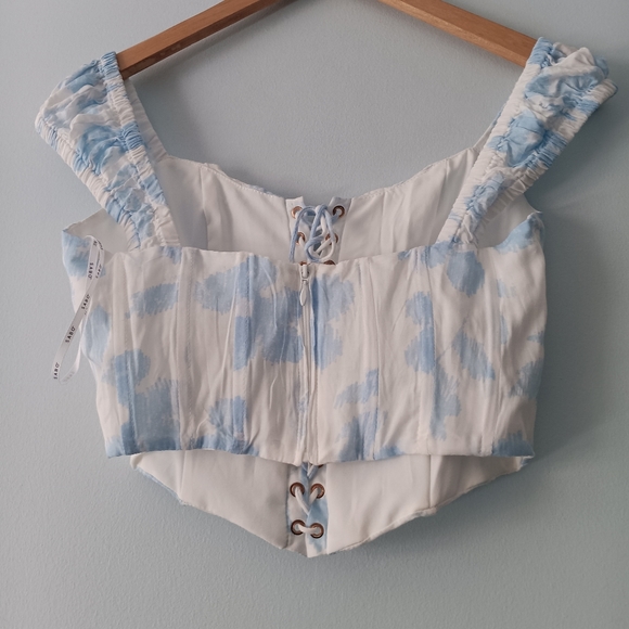 Sabo White Blue Watercolor Print Lace Up Corset Bustier Top Ruched Strap S - Picture 3 of 8